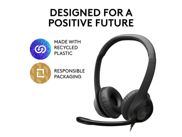 Logitech H390 Wired Headset, Stereo Headphones with Noise-Cancelling Microphone, USB, In-Line Controls, PC/Mac/Laptop - Black