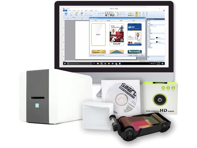 IDP SMART-21S Starter ID Printer Bundle, Includes printer, color ribbon, 100 cards, Smart IDesigner badge creation software, USB web camera