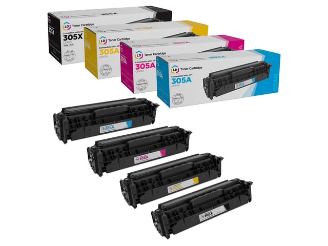 HP LD Products Toner Cartridge Replacements for HP 305A & 305X High Yield: CE411A Black, CE411A Cyan, CE413A Magenta, CE412A Yellow 4-Pack