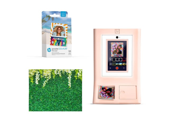 HP Sprocket Photo Booth Machine Instant Color Photo Printer (Pink) + Zink Paper (100 Sheets) + Leaves Photo Backdrop