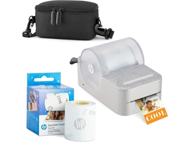 HP Sprocket Panorama Portable Color Label Printer & Instant Photo Printer Bundle w/Case & Zink Roll
