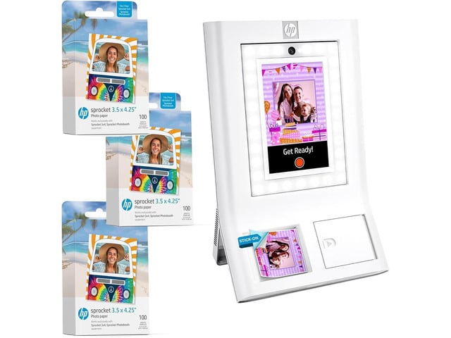 HP Sprocket Photobooth 3x4' Photo Printer (White) Bundle w/3.5 x 4.25 Zink Photo Paper (300 Sheets)