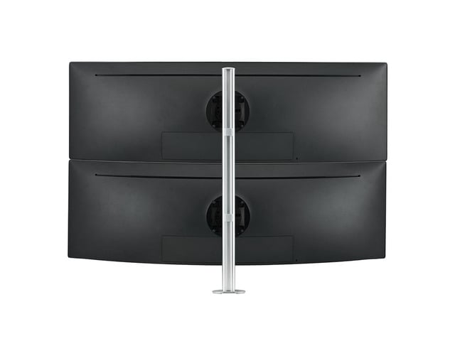Atdec dual heavy-duty swing arms attached to a tall post, compatible with up to two 31 lbs. flat monitors & 26.5 lbs. curved monitors, silver Model...