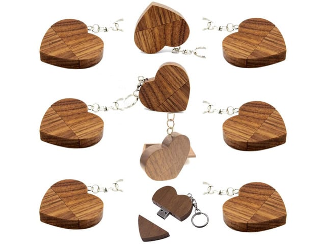 10 PCS USB Memory Stick 16GB Wooden Heart Shaped USB Flash Drive with Keychain (Walnut)