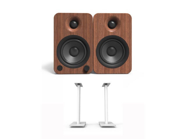 Kanto YU4WALNUT 140W Bookshelf Speakers with Bluetooth - Walnut (Pair) with Kanto SP26PLW 26' Fixed-Height Stands for Bookshelf Speakers - White...