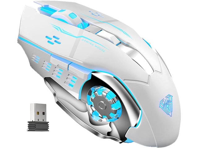 AULA SC100 Silent White Wireless Mouse Rechargeable, RGB LED Backlit, DPI Adjustable, 2.4G Wireless Optical Computer Gaming Mice with USB Receiver,...