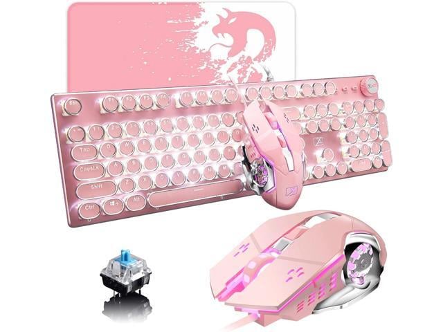 Pink Typewriter Keyboard and Mouse,Retro Vintage Mechanical Gaming Keyboard with White LED Backlit,104 Keys Anti-Ghosting Blue Switch Wired Cute...