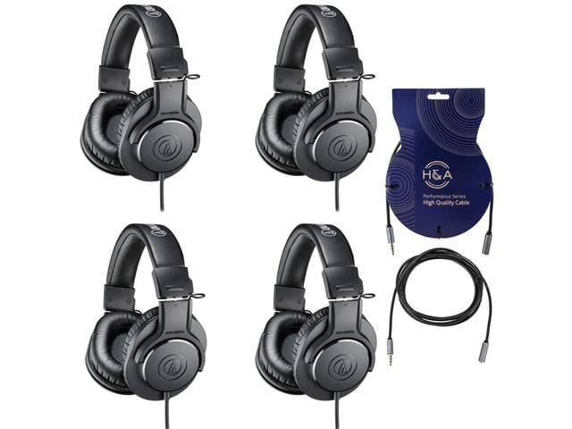Audio-Technica ATH-M20x Professional Monitor Headphones, Black, 4-Pack, Bundle with 2x H & A Stereo Mini Male to Stereo Mini Female Headset Extension.