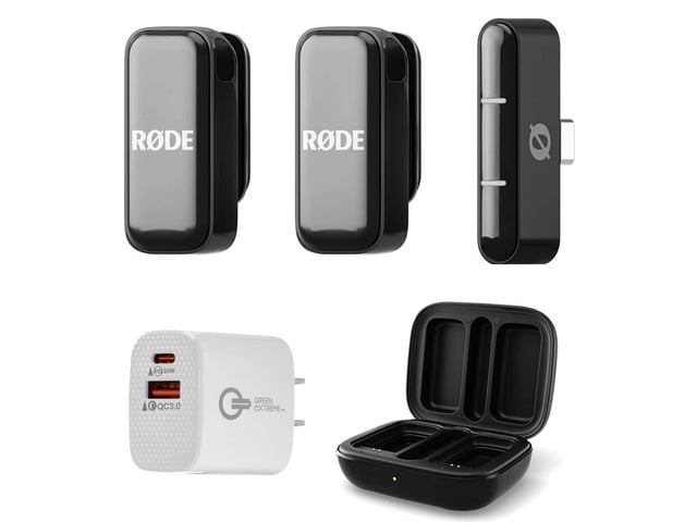 Rode Wireless Micro Ultra-Compact 2-Person Digital Wireless Microphone System with USB-C Connector, Black, Bundle with Wall Charger