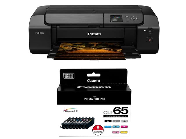 Canon PIXMA PRO-200S 13' Wireless Professional Inkjet Photo Printer with CLI-65 Eight Color Ink Tank Value Pack for PIXMA Pro-200 Printer