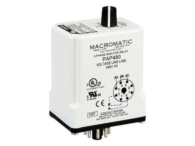 MACROMATIC PAP480 3 Phase Monitor Relay,SPDT,480VAC,8 Pin