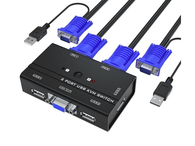 VGA KVM Switch, 2 Port USB VGA KVM Switch w/2 KVM Cables & 3 USB Hubs for 2 Computers Share One Monitor Keyboard Mouse