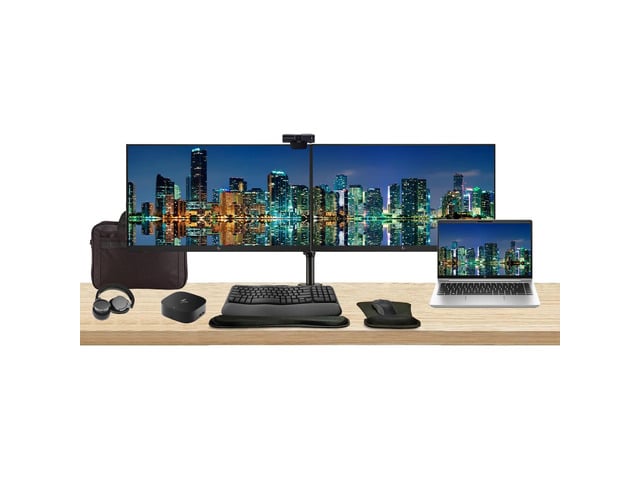 HP ProBook 445 G10 14' Ryzen 5, 8GB RAM, 256GB SSD, Bundle with 2 x EliteDisplay E27 27' Monitors, Dual Stand, USB-C Dock, MK670 Wireless Keyboard...