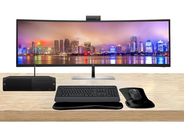 HP Workstation Bundle Z2 SFF G9 i7k, 64GB RAM, 1TB SSD, Windows 11 Pro, 549pm 49' Curved DQHD Monitor and MK650 Wireless Keyboard & Mouse with Gel Pad