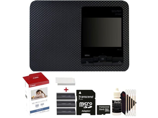 Canon SELPHY CP1500 Compact Photo Printer (Black) with KP-108IN Selphy Color Ink 4x6 Paper Set Accessory Kit