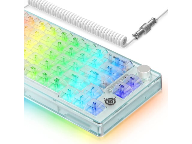 65% Hot-Swapped White Wired Mechanical Gaming Keyboard with Coiled Cable Transparent 66 Key,Full RGB,QWERTY,Linear Switch,USB C to A Aviator...