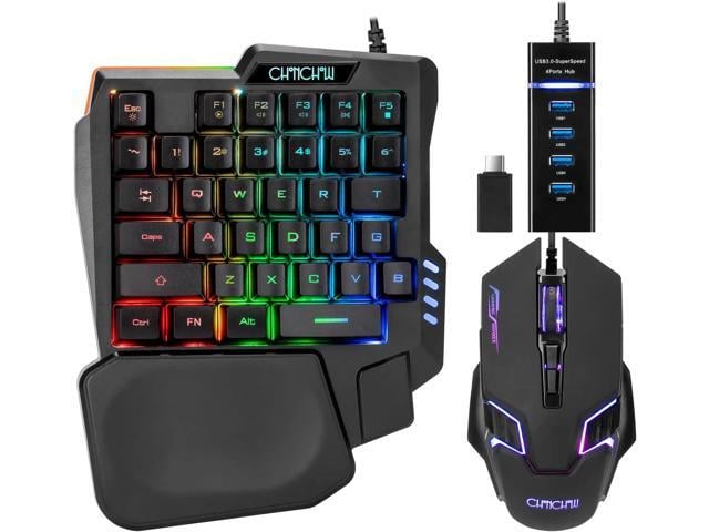 One Handed Half Keyboard Mouse USB Spilitter Type-C Adapter Gaming Combo with RGB LED Backlit 7200DPI CPI Customize 4 Port Adapter Mini Size Small...