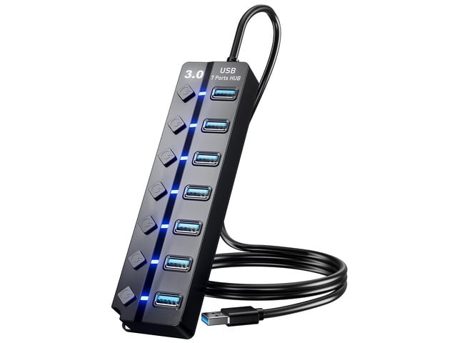 Zell Usb 3.0 Hub, 7-Port Usb Data Hub Splitter With 3Ft Long Cable Usb Extension For Laptop,Pc Computer,Surface Pro, Ps4/5, Flash Drive, Mobile Hdd...