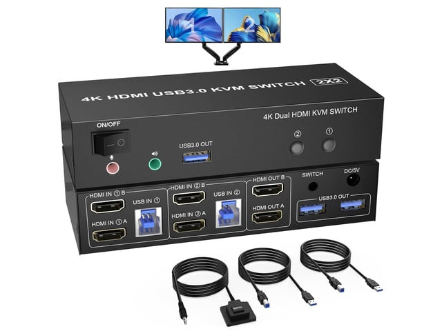 Zell Usb 3.0 Dual Monitor Kvm Switch Hdmi 2 Port, 4K@60Hz Extended Display Kvm Switch 2 Monitors 2 Computers With Audio Microphone Output And 3 Usb...