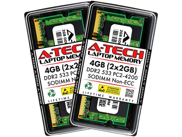 A-Tech 4GB (2x2GB) DDR2 533MHz SODIMM PC2-4200 Non-ECC Unbuffered CL4 1.8V 200-Pin SO-DIMM Laptop Notebook Computer RAM Memory Upgrade Kit