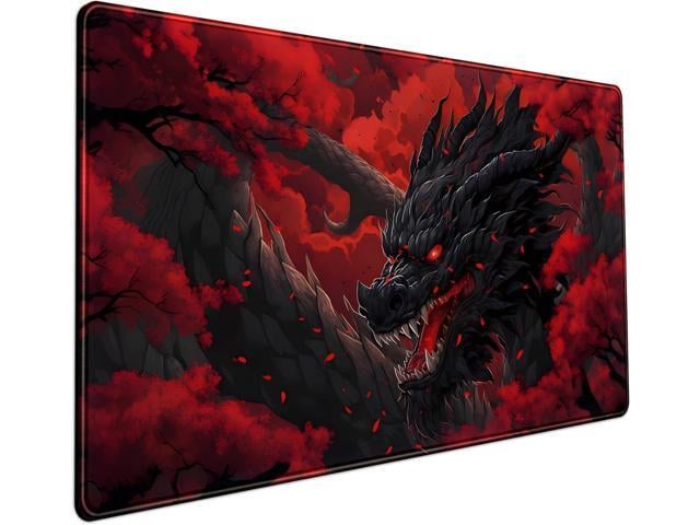Huge Dragon Large Mouse Pad - Red and Black Mousepad, Big Full Keyboard and Mouse Pad with Stitched Edges, Anti-Slip, Funny Desk Pad, 31.5 X 15.8 in.