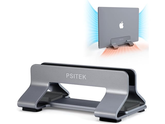 Apple Aluminum Vertical Laptop Stand Dock Holder, Adjustable Slot Width 12-42mm, Space-Saving Upright Storage for MacBook and Laptops