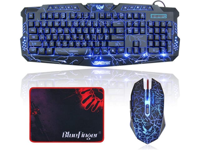 BlueFinger Gaming Keyboard and Mouse,USB Wired Backlit Gaming Mouse and Keyboard Combo,Letters Glow, 3 Color Crack Backlit,Illumination Keyboard...