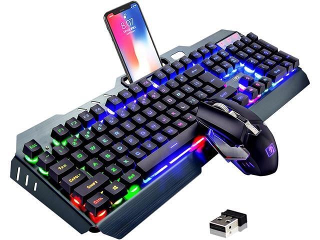 Wireless Gaming Keyboard and Mouse, Rechargeable, Rainbow Backlit with 3800mAh Battery Metal Panel,Mechanical Feel Keyboard and 7 Color Mute Mouse...