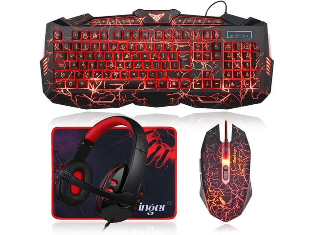 BlueFinger Gaming Keyboard Mouse Headset Combo, USB Wired Crack Backlit,114 Keys Letters Glow LED Keyboard, Red LED Light Headset for Laptop PC...