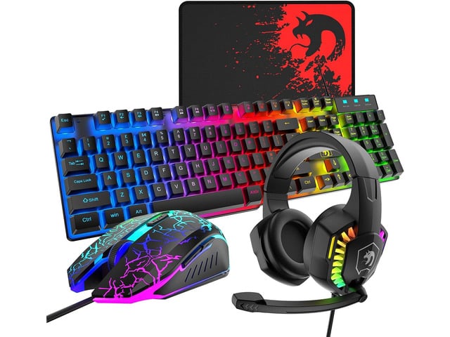 Wired Gaming Keyboard and Mouse Headset Combo,Rainbow LED Backlit Wired Keyboard,Over Ear Headphone with Mic,Rainbow Backlit Gaming Mice,Mouse...
