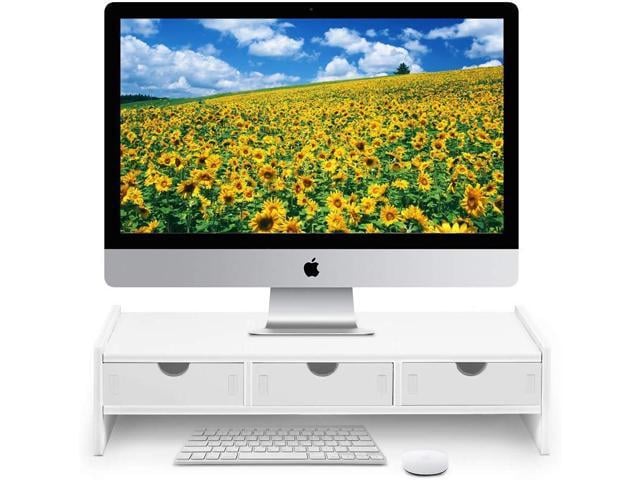 valen Monitor Stand Riser, Computer Laptop Riser Shelf with 3 Organizer Drawers (White, 19.5' L x 7.5' W x 4.7' H) (White)