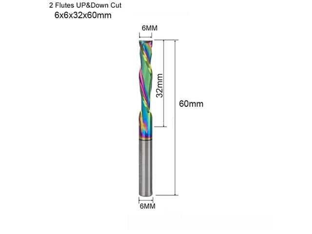 5Pcs 6X32mm DLC UP And DOWN Cut Two Flutes Spiral Carbide Mill Tool Cutters for CNC Router Compression Wood End Mill Cutter