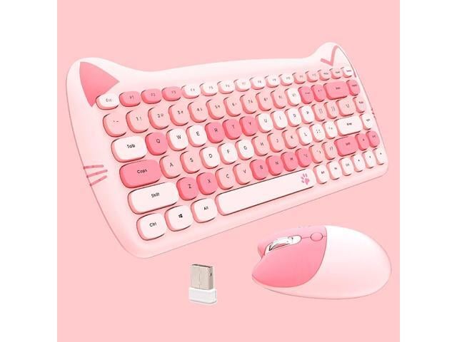 Cute Cat Keyboard and Mouse Combo Wireless, Kawaii Keyboard and Mouse for Girls and Kids, Soundless Colorful Keys, Compatible with Notebook, PC...