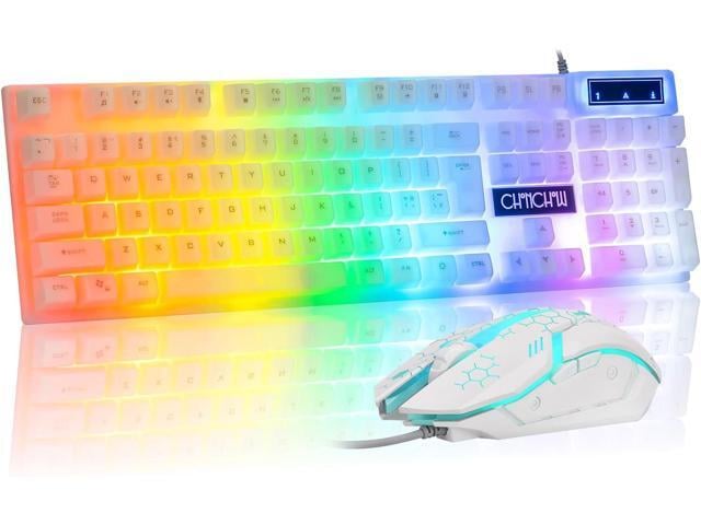 CHONCHOW LED Keyboard and Mouse, 104 Keys Rainbow Backlit Keyboard and 7 Color RGB Mouse, White Gaming Keyboard and Mouse Combo for PC Laptop Xbox...