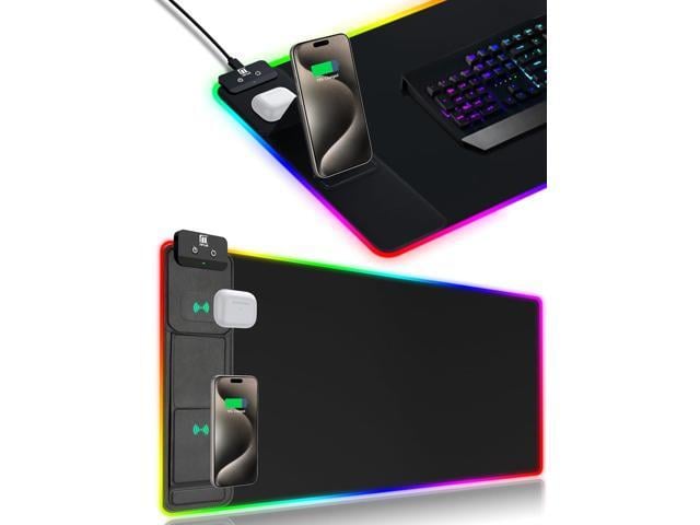XXL Mouse Pad with Phone Holder - Black, RGB Desk Mat with 15W Fast Charging, LED Gaming Mousepad with 11 Light Colors, Waterproof Non-Slip Pad for...