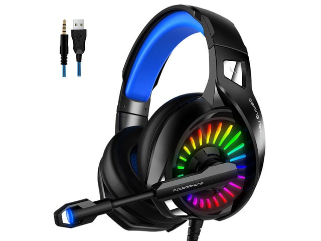 Gemdeck Gaming Headset with Microphone, Headphones with LED RGB Light, Stereo Surround Sound Blue