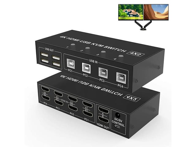 Dual Monitor HDMI KVM Switch 4x2 Extended Display 4K@60Hz HDMI USB KVM Switcher 2 in 4 out for 4 PC Share Monitor Mouse Keyboard