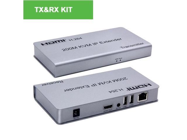 (With UK Plug)(1 TX and 1 RX)HDMI KVM Extender over IP Cat5e/6 200M HDMI USB Extender one to many via Network Switch Support Mouse Keyboard for PC...
