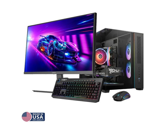 AMD Gigatech Gaming Titan 7 Gaming PC Desktop Bundle - AMD Ryzen 7 9700X, RTX 5060 TI, 64GB DDR5, 2TB SSD, RGB, Windows 11, Wi-Fi, Monitor