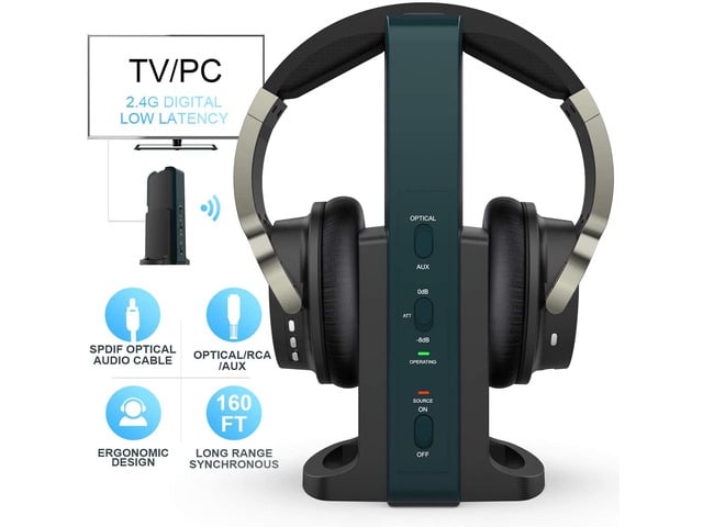 Wireless Headphones for TV Watching with 2.4G Digital RF Transmitter Charging Dock, Hi-Fi Over-Ear Cordless Headset with Optical/RCA/3.5MM Ports,...