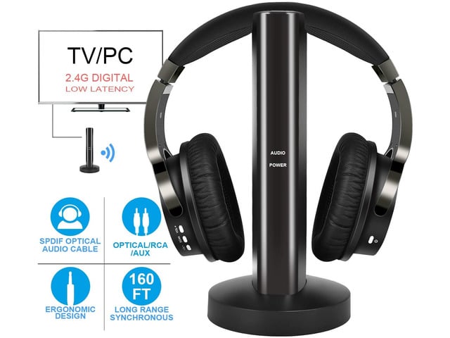 Wireless Headphones for TV Watching with 2.4G Digital RF Transmitter Charging Dock, Hi-Fi Over-Ear Cordless Headset with Optical/RCA/3.5MM Ports,...