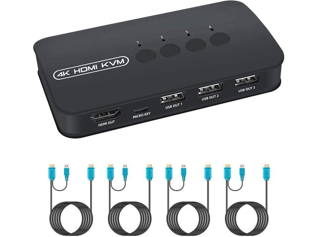 BUCIER KVM Switch 4 Ports, HDMI USB Selector for 4 Computers Share Keyboard Mouse Printer and One HD 4K Monitor, Including 4 KVM Cables