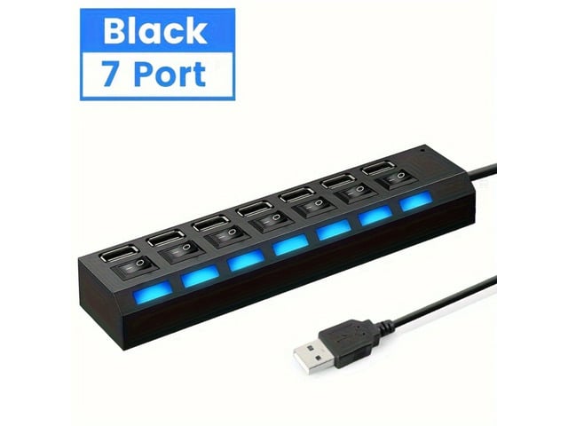 7-Ports USB 2.0 Splitter, 5Gbps High Speed USB Hub with LED Light and On/Off Switch, Mini Portable Multiport Expander for Laptop