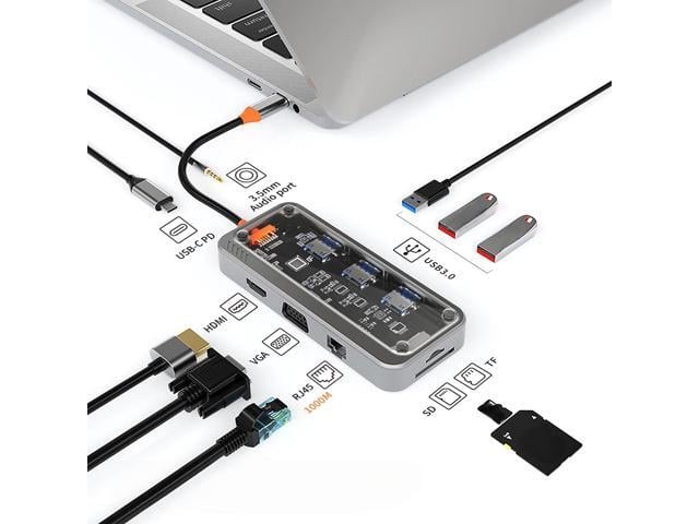 USB C hub 10 in 1 docking station Type-C to PD Video Output USB3.0*3 SD TF ethernet RJ45 1000M VGA AUDIO 3.5mm For Type-C Laptop