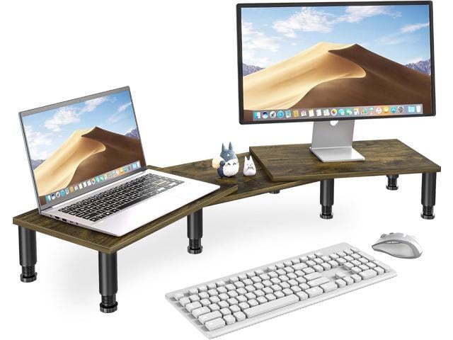 Dual Monitor Stand Riser, Monitor Stand with Adjustable Length and Angle, Wood Monitor Stand for Desk, Monitor Riser for 2 Monitors with Storage Space