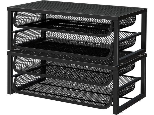 Desk File Organizer, 2 Pack 2-Tier Letter Tray Paper Organizer with Sliding Trays, Metal Computer Monitor Stand Riser for Office, Home, Black