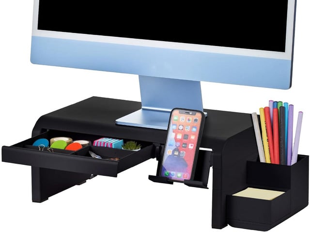 Bostitch Konnect Adjustable Monitor Riser with Drawer, Cell Phone Stand & Pencil Holder, Laptop Stand for Desk, 4 Height Levels, Cable Management &...