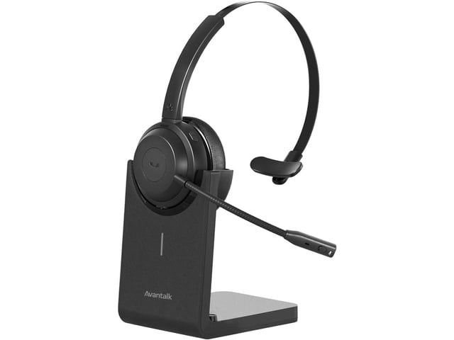 Avantree Alto Solo - Wireless Work Headset with Charging Stand Qualcomm Bluetooth headset with CVC noise-canceling mic, mute control.