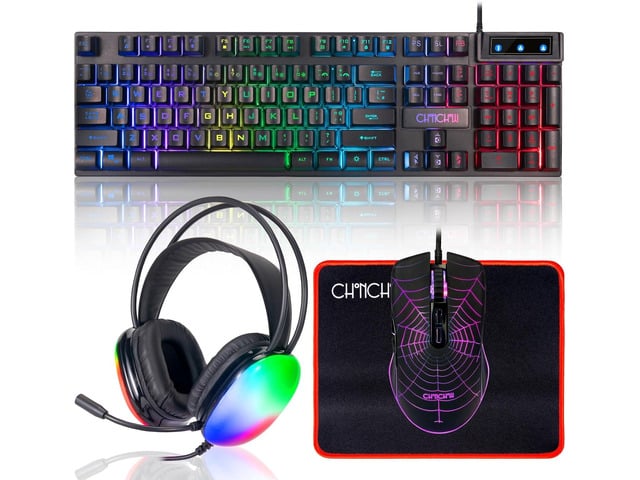 Gaming Keyboard Mouse Mousepad and Headset with mic Combo All in One USB Wired RGB Backlit Rainbow Side Button Gamer Bundle Set Compatible with PC...