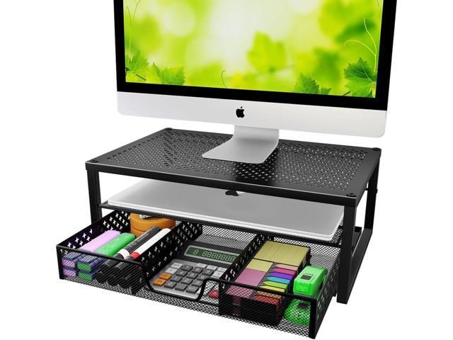 Simple Trending-Metal Monitor Stand Riser and Computer Desk Organizer with Drawer for Laptop, Computer, iMac, Black